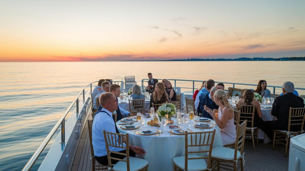 Guests dining at a set table on a yacht deck at sunset