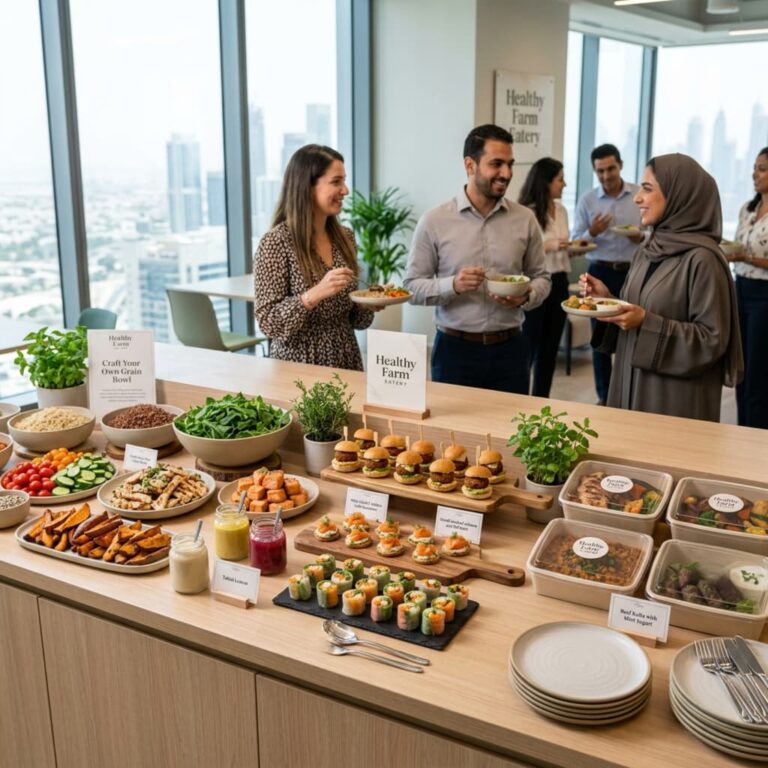 Colleagues serving themselves from a labelled buffet of salads and bites in a Dubai office